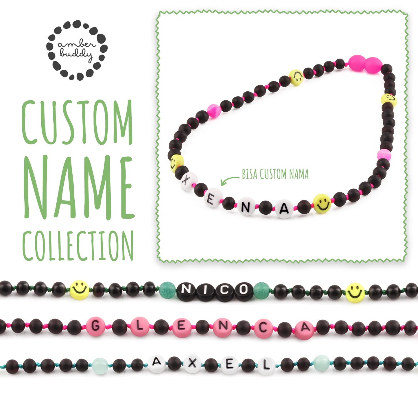 Kalung Amber CUSTOM NAMA untuk Bayi - Balita - Anak. Motif 17 - Motif 32