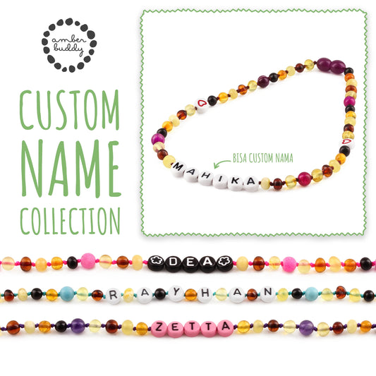 Kalung Amber CUSTOM NAMA untuk Bayi - Balita - Anak. Motif 33 - Motif 48