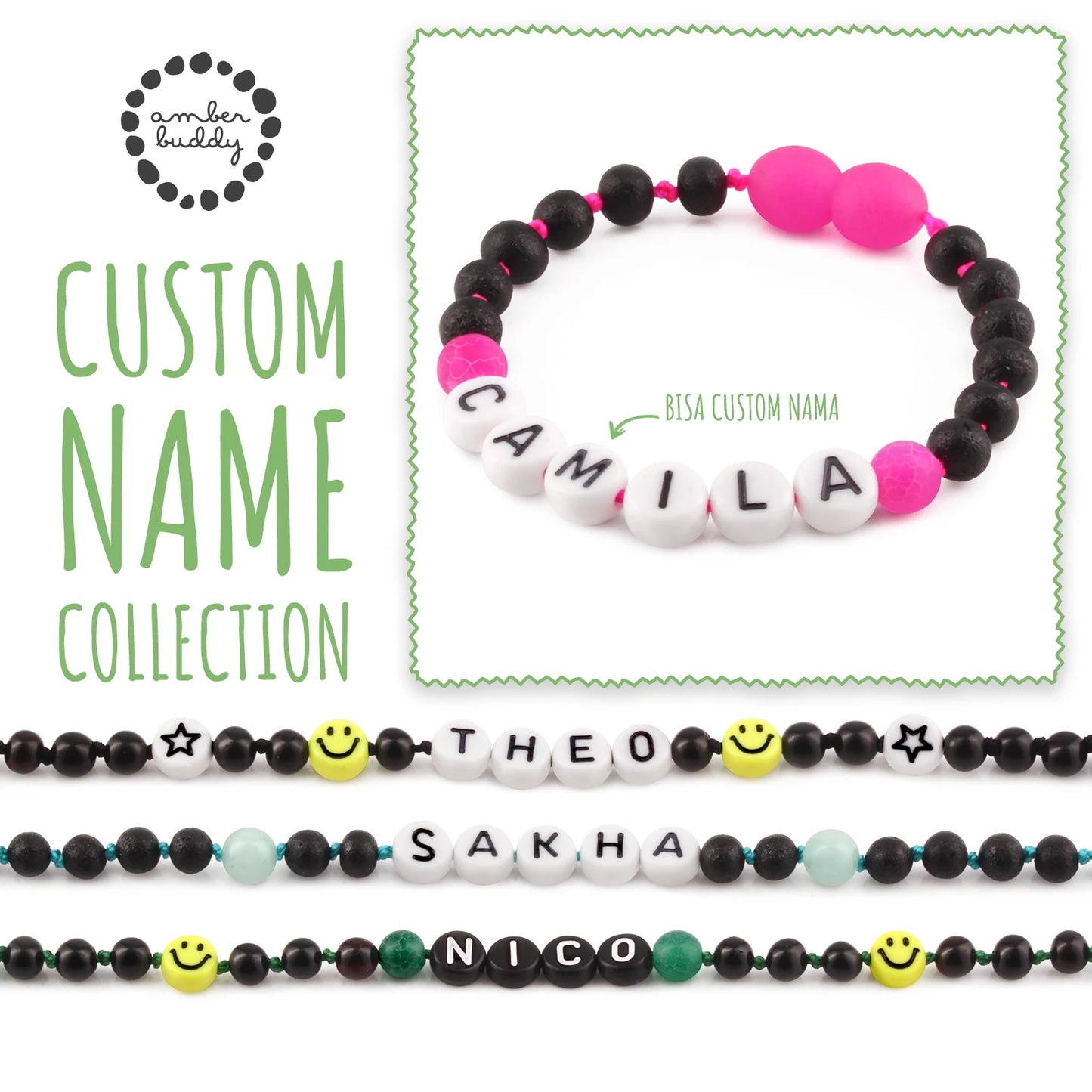 Gelang Amber CUSTOM NAMA untuk Bayi - Balita - Anak - Dewasa. Motif 17 - Motif 32