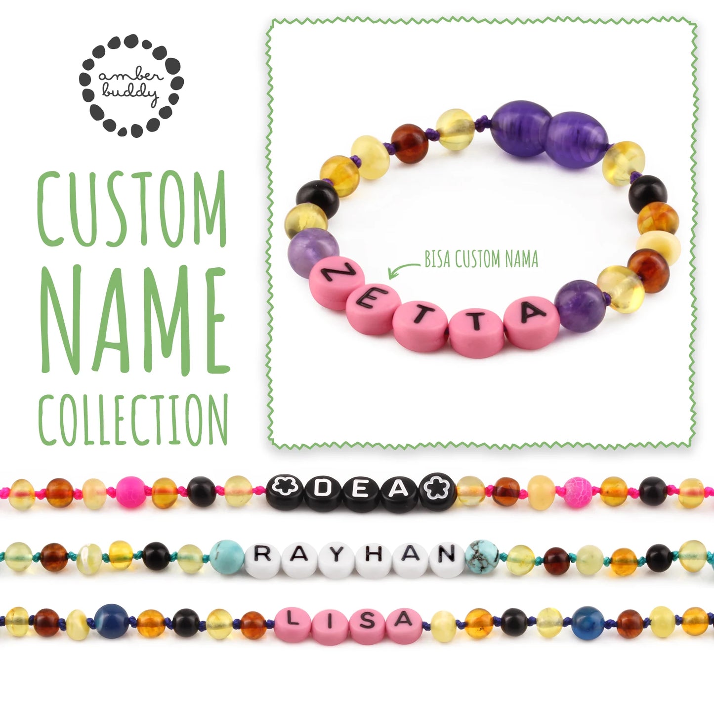 Gelang Amber CUSTOM NAMA untuk Bayi - Balita - Anak - Dewasa. Motif 33 - Motif 46
