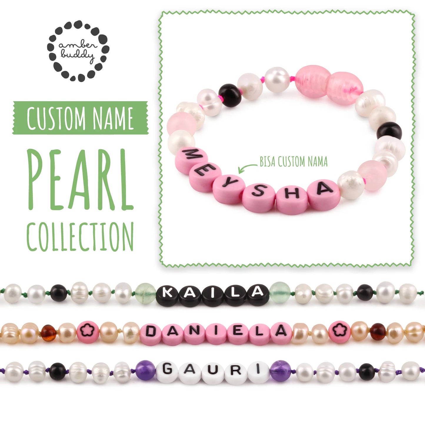 Gelang Mutiara CUSTOM NAMA untuk Bayi - Balita - Anak - Dewasa. Motif 49 - Motif 64