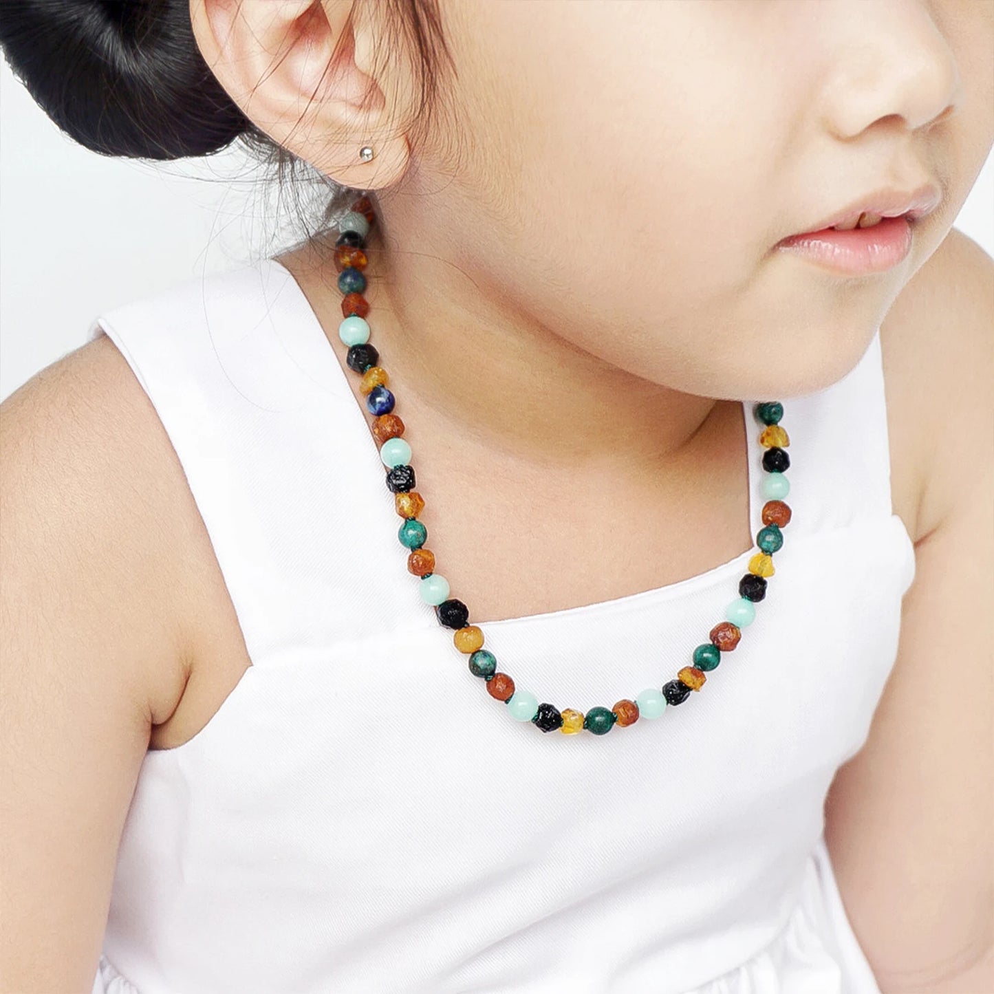 KALUNG AMBER DENGAN PERU AMAZONITE & AZURITE UNTUK JUNIOR. JN108