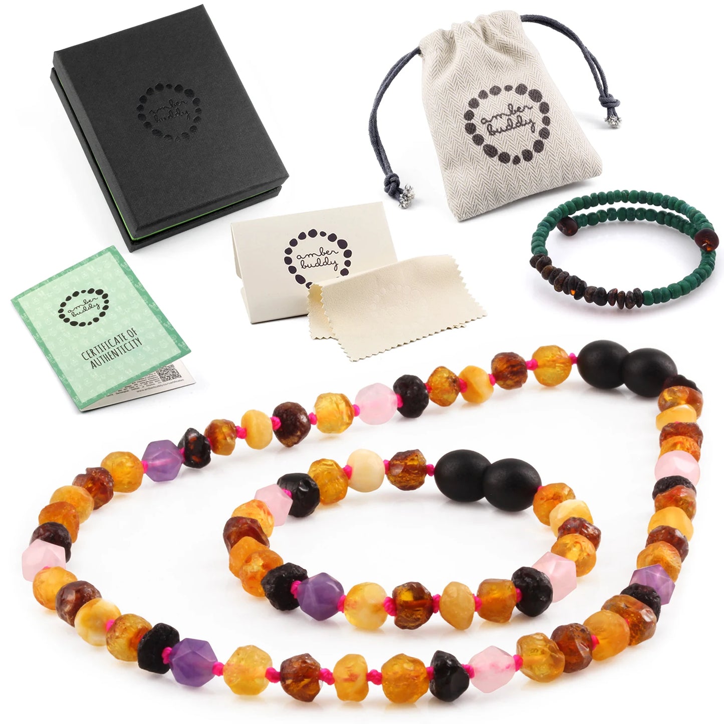 SET BAYI AMBER DENGAN AMETHYST & ROSE QUARTZ. LE560