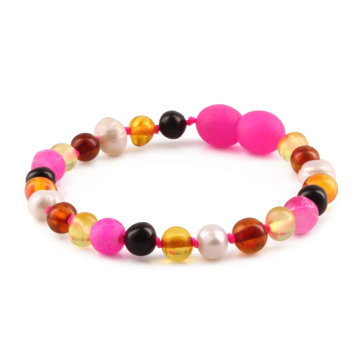 GELANG BAYI AMBER DENGAN PINK FROST AGATE & PEARL. LE461-P