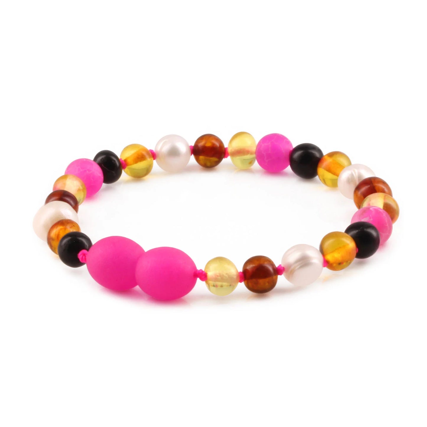 GELANG BAYI AMBER DENGAN PINK FROST AGATE & PEARL. LE461-P