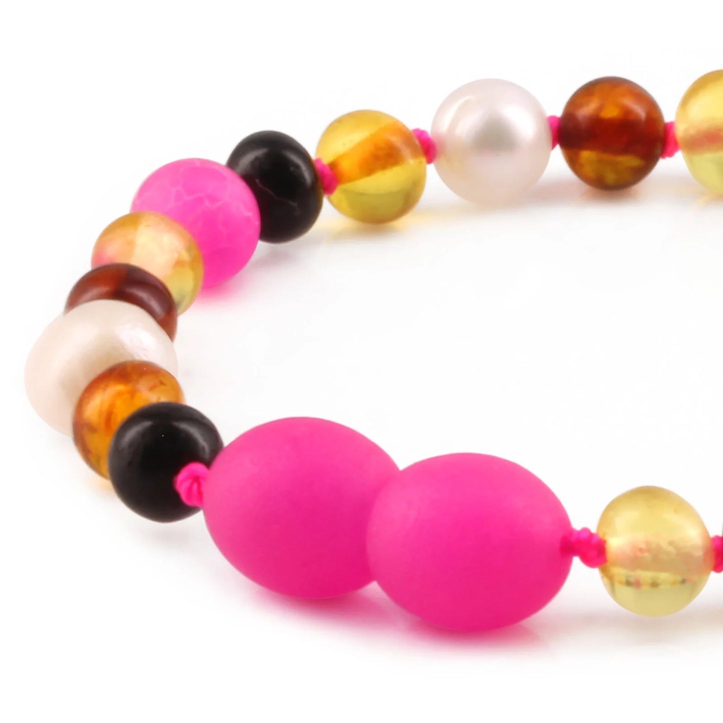 GELANG BAYI AMBER DENGAN PINK FROST AGATE & PEARL. LE461-P