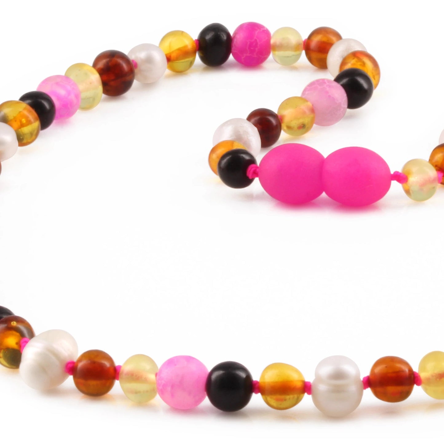 KALUNG AMBER DENGAN PINK FROST AGATE & PEARL UNTUK JUNIOR. JN98-P