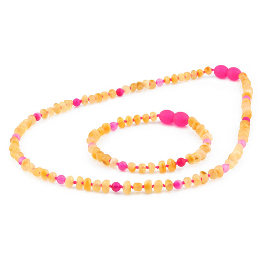SET DEWASA AMBER DENGAN PINK LACE AGATE. BLE259