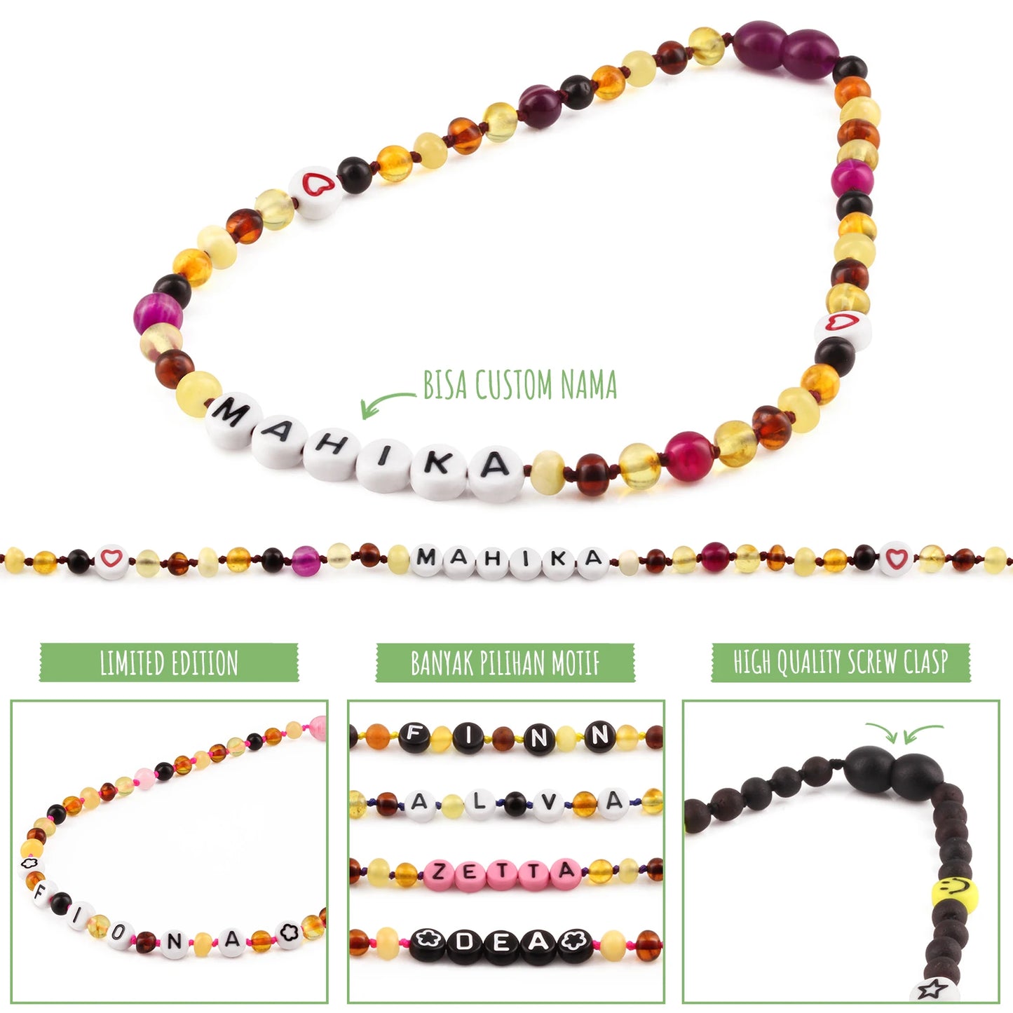 Kalung Amber CUSTOM NAMA untuk Bayi - Balita - Anak. Motif 17 - Motif 32
