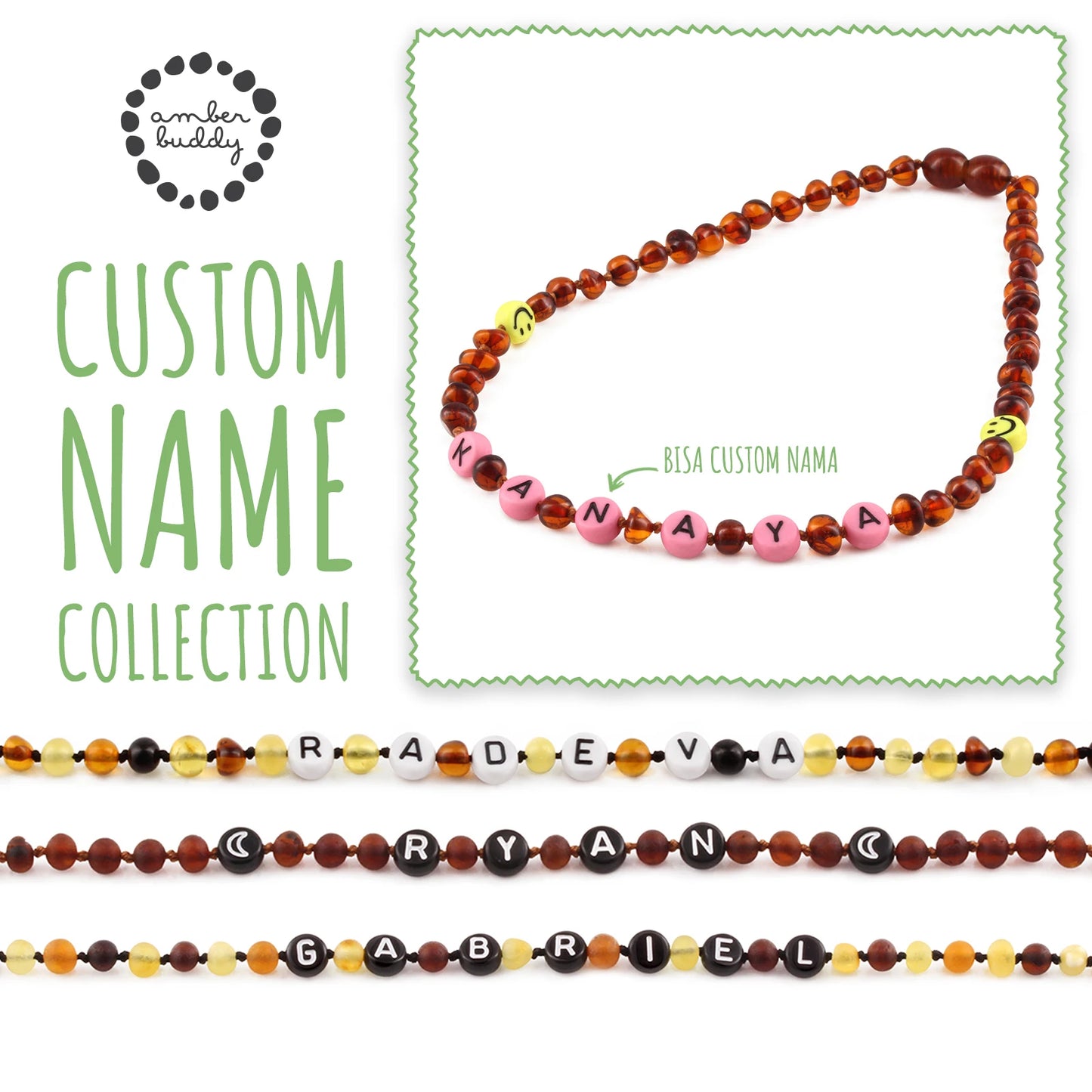 Kalung Amber CUSTOM NAMA untuk Bayi - Balita - Anak. Motif 1 - Motif 16