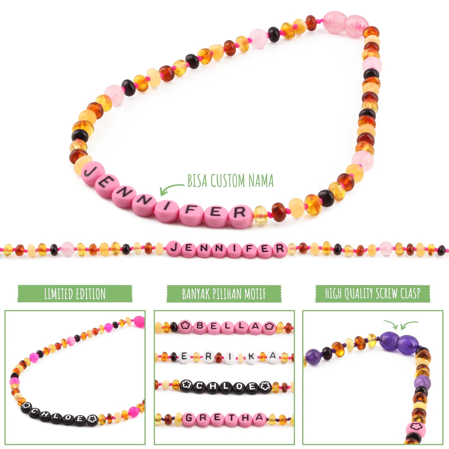 Kalung Amber CUSTOM NAMA untuk Bayi - Balita - Anak. Motif 38-R - Motif 46-R