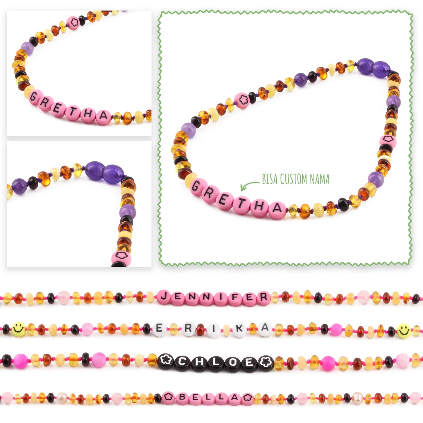 Kalung Amber CUSTOM NAMA untuk Bayi - Balita - Anak. Motif 38-R - Motif 46-R