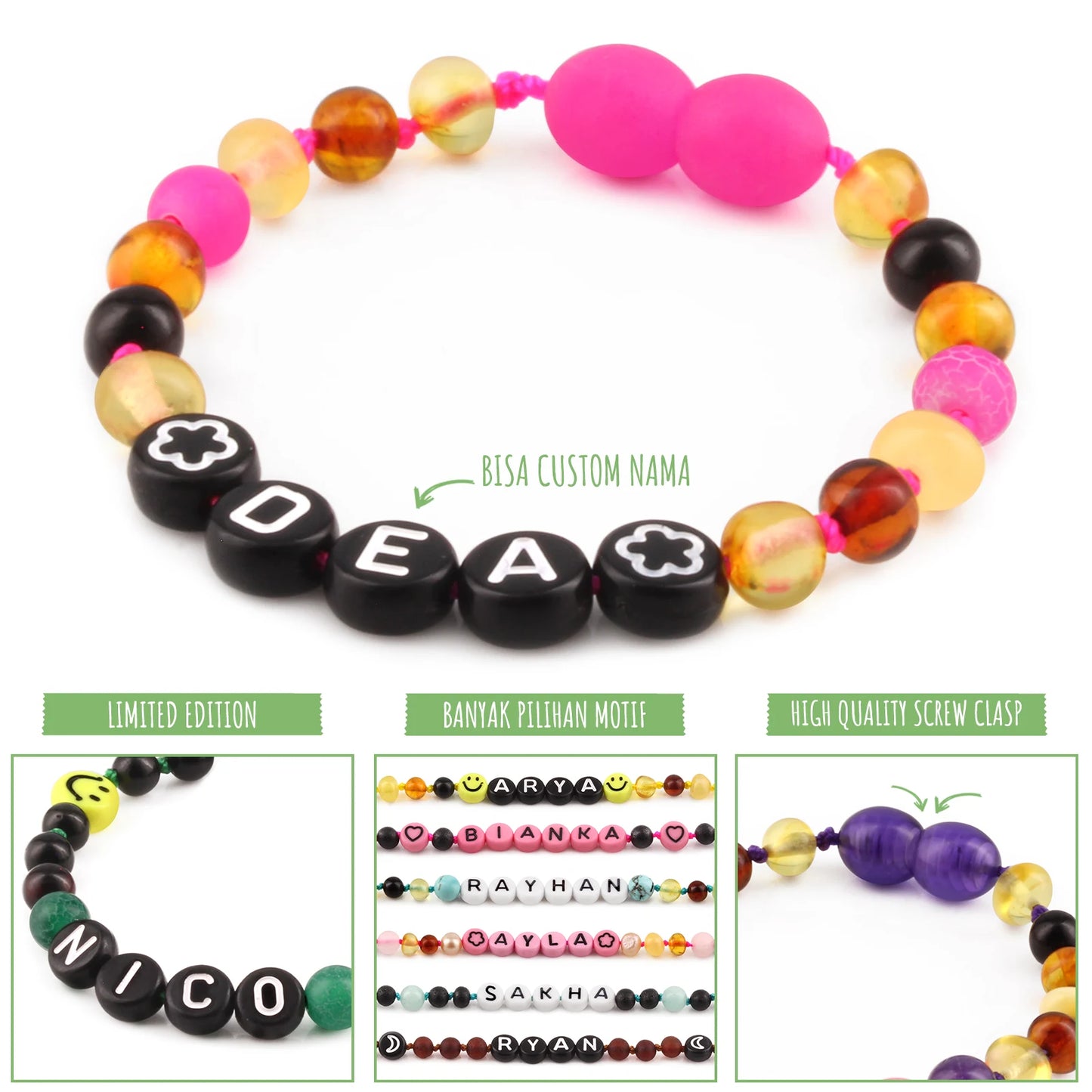 Gelang Amber CUSTOM NAMA untuk Bayi - Balita - Anak - Dewasa. Motif 2 - Motif 15