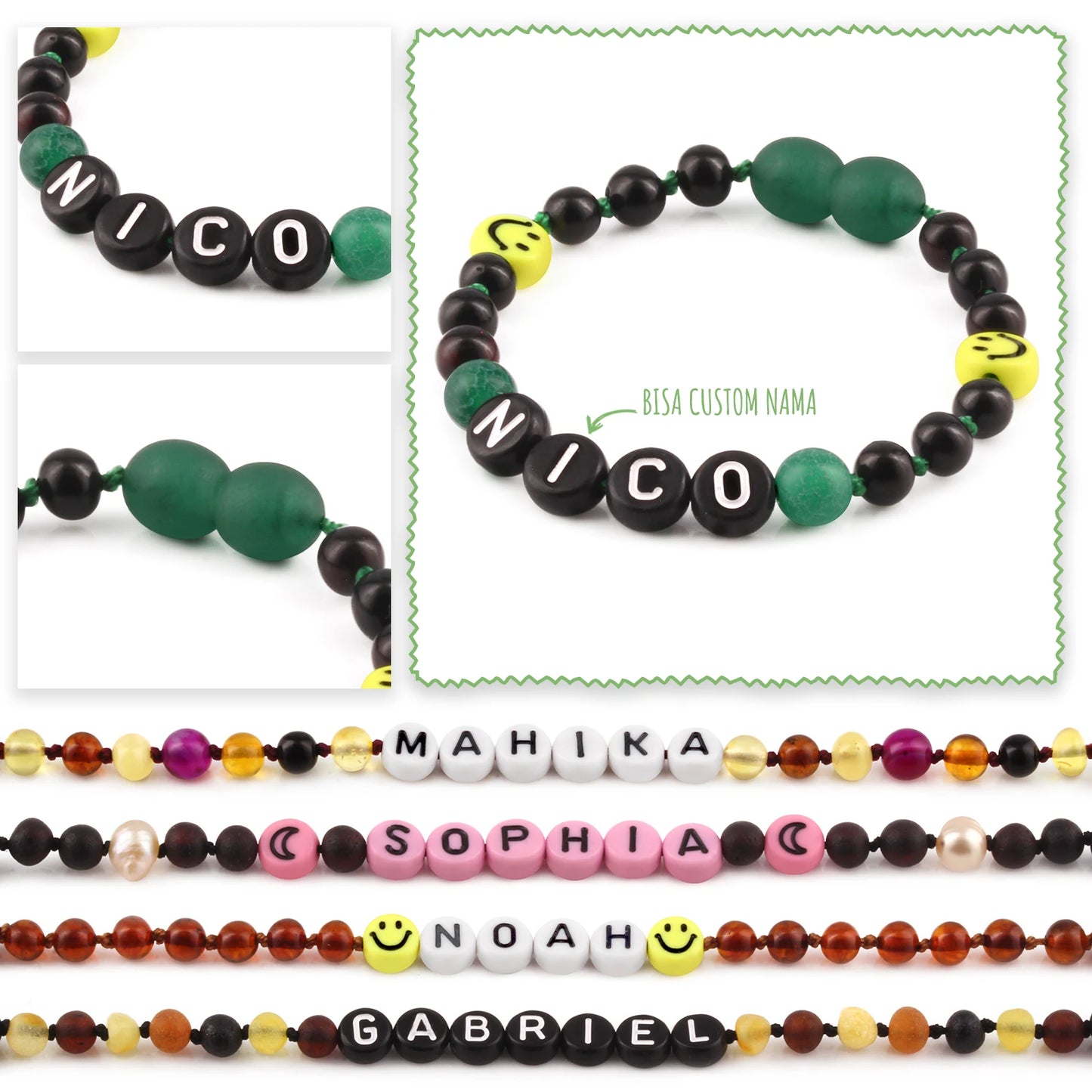 Gelang Amber CUSTOM NAMA untuk Bayi - Balita - Anak - Dewasa. Motif 17 - Motif 32