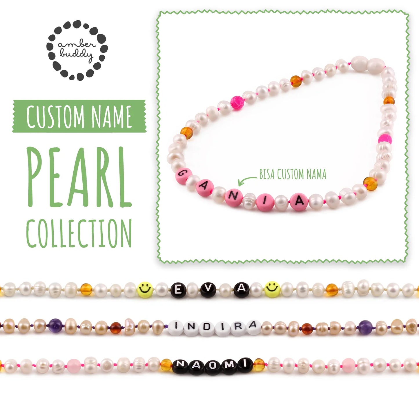 Kalung Mutiara CUSTOM NAMA untuk Bayi - Balita - Anak. Motif 49 - Motif 64