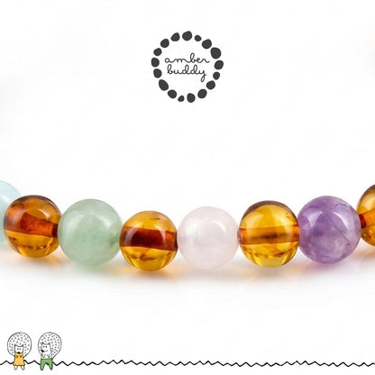 GELANG AMBER UNTUK DEWASA KOMBINASI ROSE QUARTZ, GREEN AVENTURINE, AMETHYST, SKY BLUE JADE. BLE275