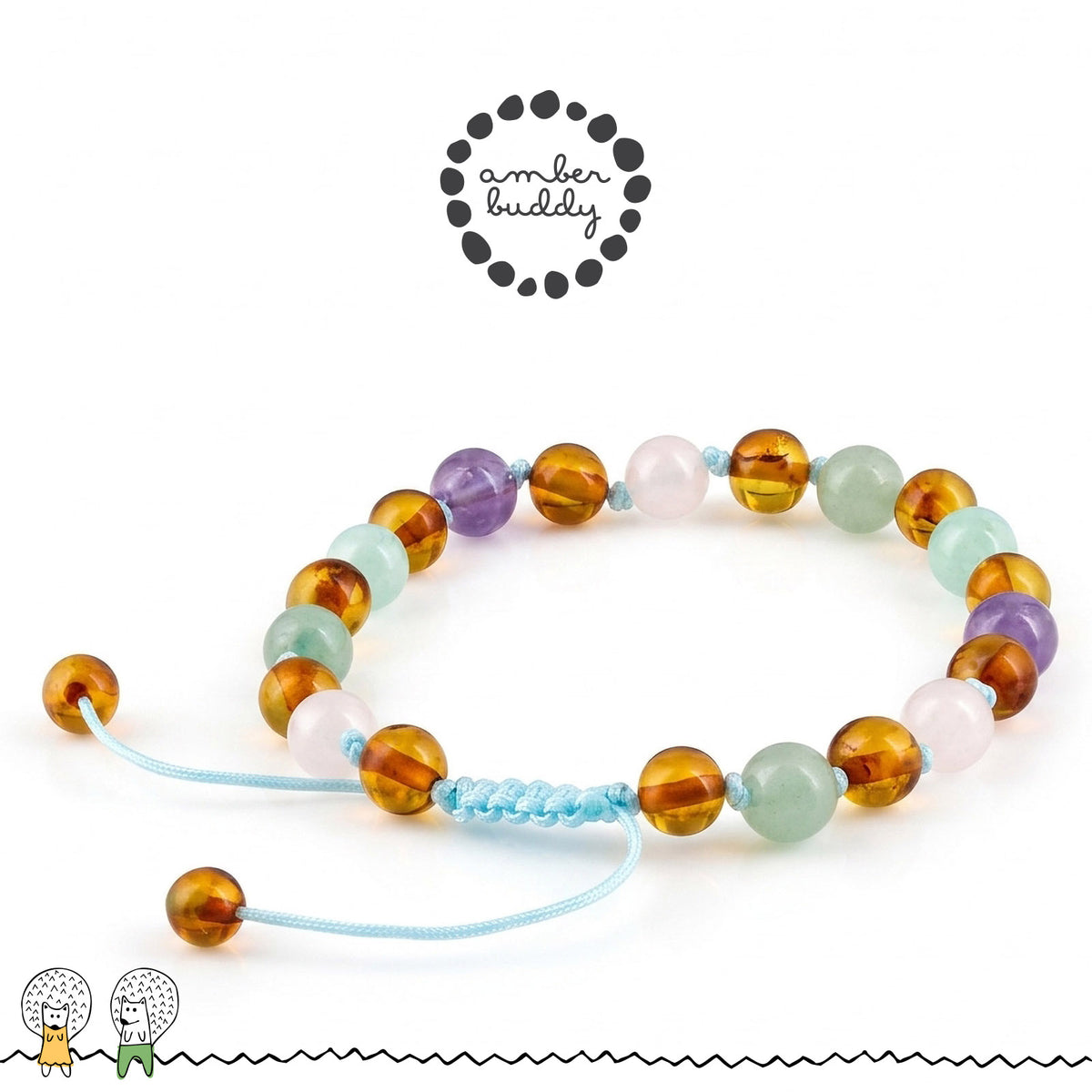 GELANG AMBER UNTUK DEWASA KOMBINASI ROSE QUARTZ, GREEN AVENTURINE, AMETHYST, SKY BLUE JADE. BLE275
