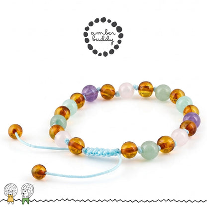 GELANG AMBER UNTUK DEWASA KOMBINASI ROSE QUARTZ, GREEN AVENTURINE, AMETHYST, SKY BLUE JADE. BLE275