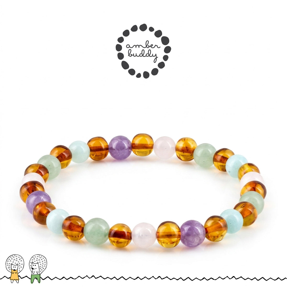 GELANG AMBER UNTUK DEWASA KOMBINASI ROSE QUARTZ, GREEN AVENTURINE, AMETHYST, SKY BLUE JADE. BLE275