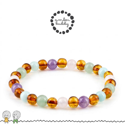 GELANG AMBER UNTUK DEWASA KOMBINASI ROSE QUARTZ, GREEN AVENTURINE, AMETHYST, SKY BLUE JADE. BLE275