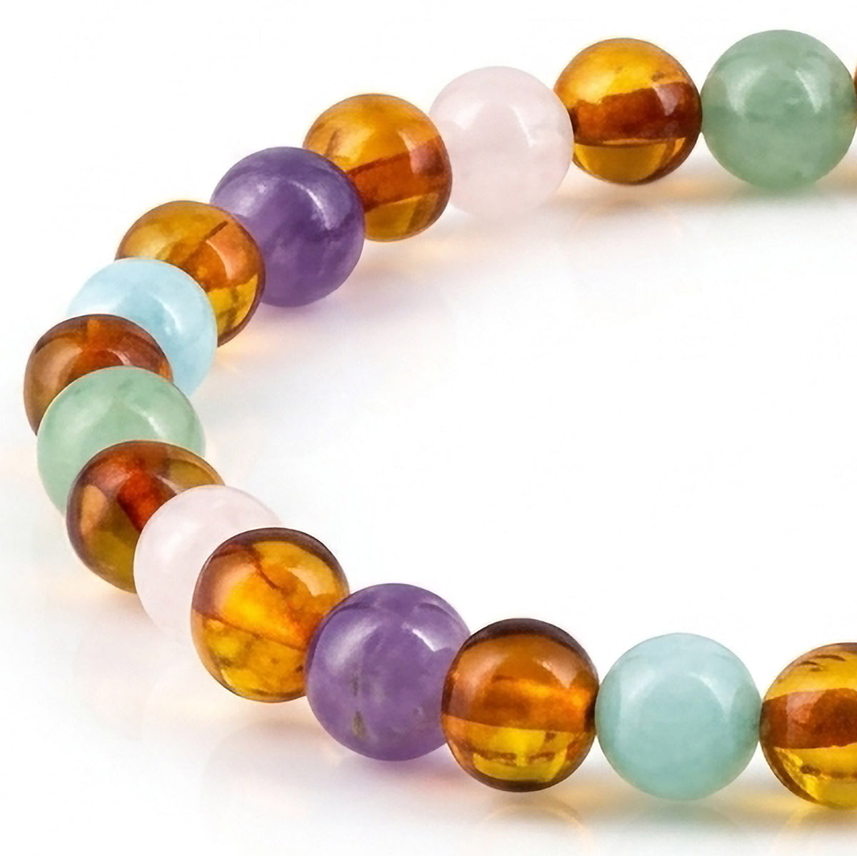 GELANG AMBER UNTUK DEWASA KOMBINASI ROSE QUARTZ, GREEN AVENTURINE, AMETHYST, SKY BLUE JADE. BLE275