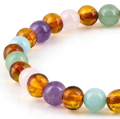 GELANG AMBER UNTUK DEWASA KOMBINASI ROSE QUARTZ, GREEN AVENTURINE, AMETHYST, SKY BLUE JADE. BLE275
