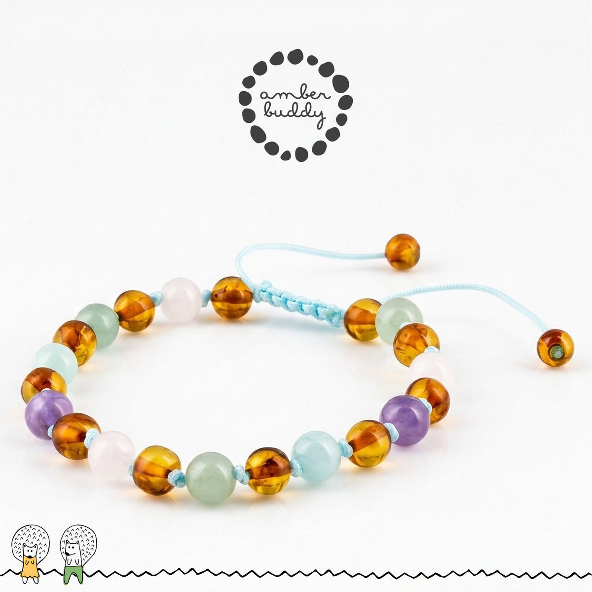 GELANG AMBER UNTUK DEWASA KOMBINASI ROSE QUARTZ, GREEN AVENTURINE, AMETHYST, SKY BLUE JADE. BLE275