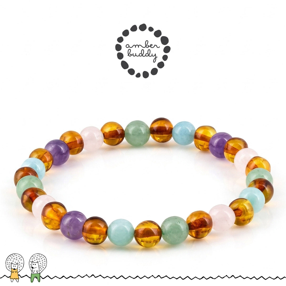 GELANG AMBER UNTUK DEWASA KOMBINASI ROSE QUARTZ, GREEN AVENTURINE, AMETHYST, SKY BLUE JADE. BLE275