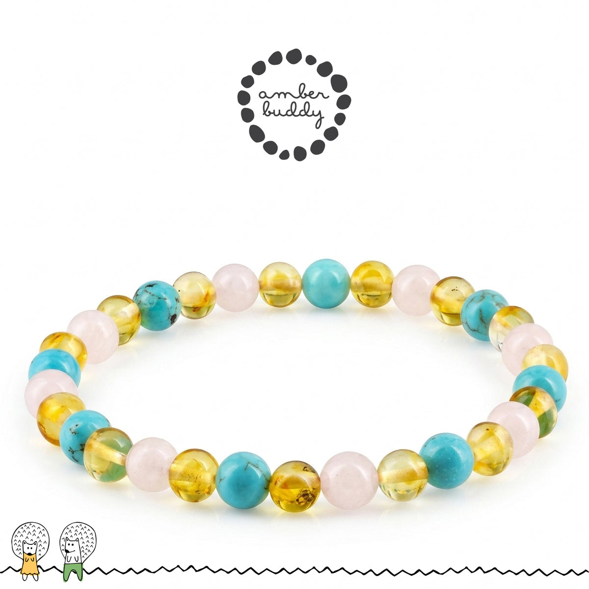 GELANG AMBER UNTUK DEWASA KOMBINASI ROSE QUARTZ, TURQUOISE. BLE274