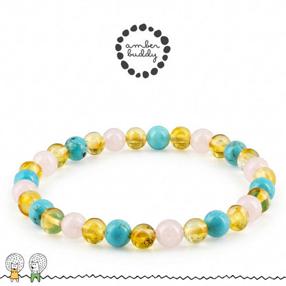 GELANG AMBER UNTUK DEWASA KOMBINASI ROSE QUARTZ, TURQUOISE. BLE274