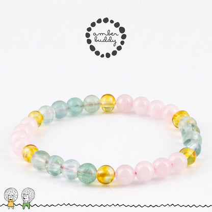 GELANG FLOURITE, ROSE QUARTZ & BALTIC AMBER UNTUK DEWASA G02
