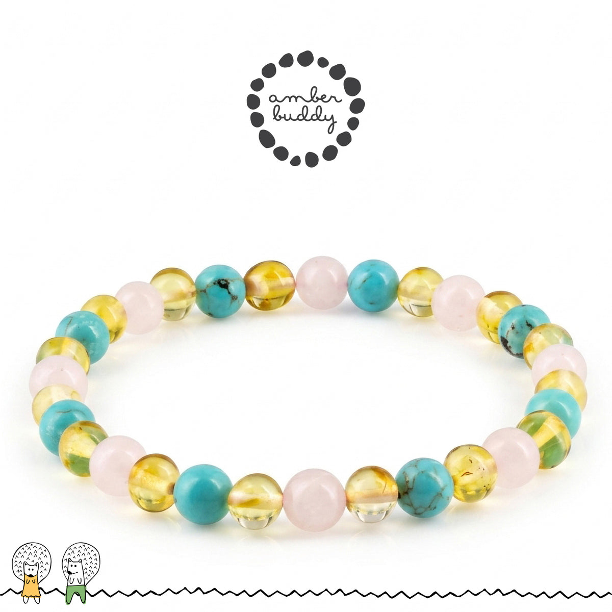 GELANG AMBER UNTUK DEWASA KOMBINASI ROSE QUARTZ, TURQUOISE. BLE274