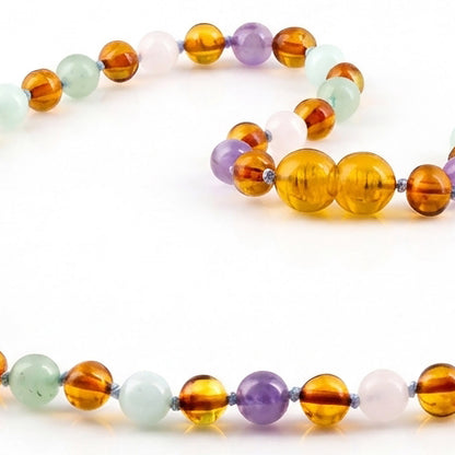 KALUNG DEWASA AMBER DENGAN ROSE QUARTZ, GREEN AVENTURINE, AMETHYST, SKY BLUE JADE. BLE275