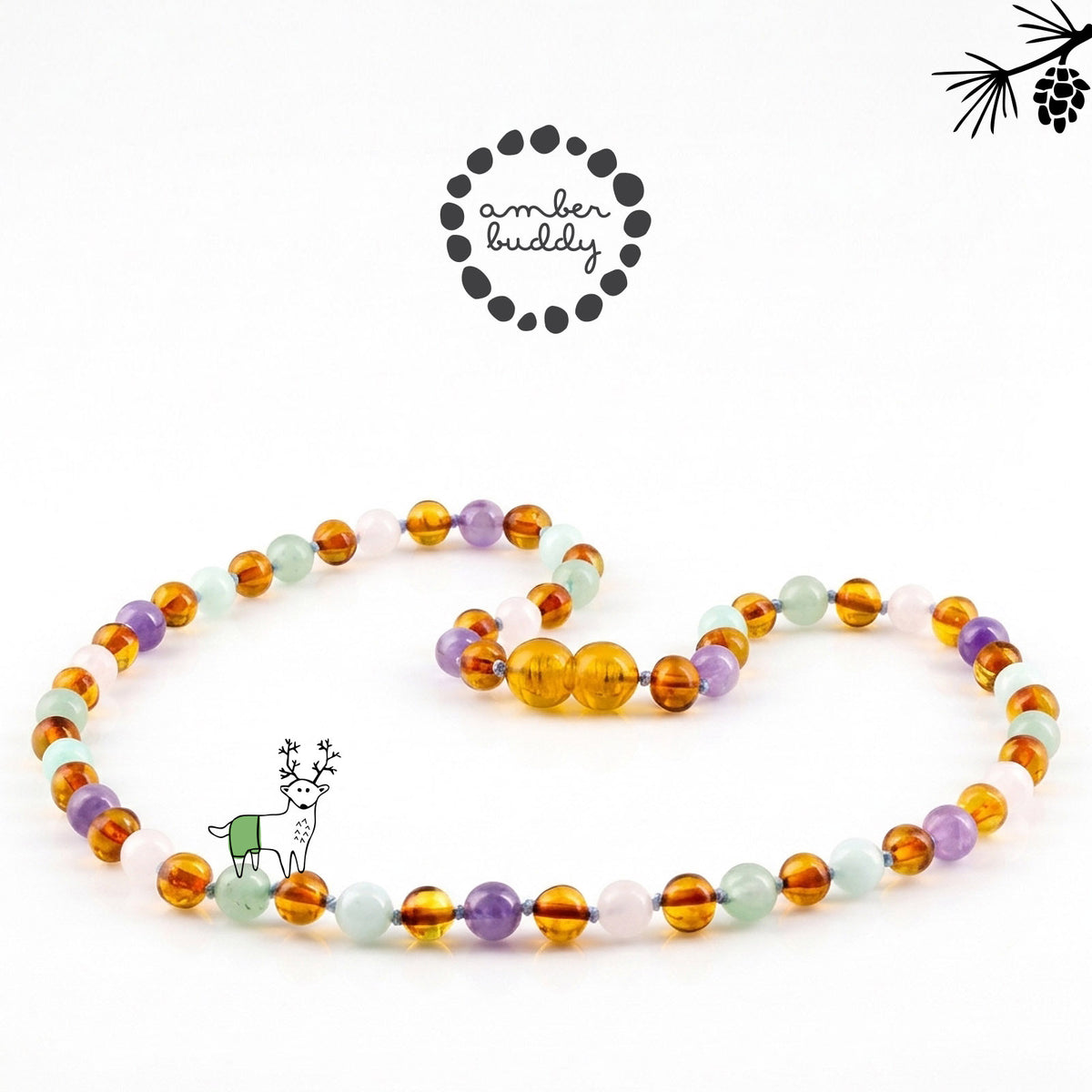 KALUNG DEWASA AMBER DENGAN ROSE QUARTZ, GREEN AVENTURINE, AMETHYST, SKY BLUE JADE. BLE275