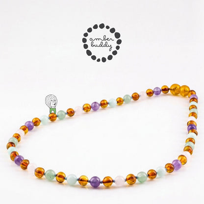 KALUNG DEWASA AMBER DENGAN ROSE QUARTZ, GREEN AVENTURINE, AMETHYST, SKY BLUE JADE. BLE275
