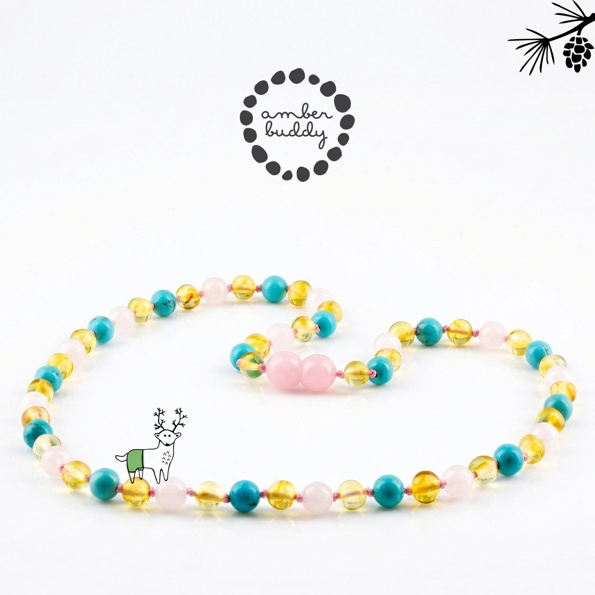 KALUNG DEWASA AMBER DENGAN ROSE QUARTZ, TURQUOISE. BLE274