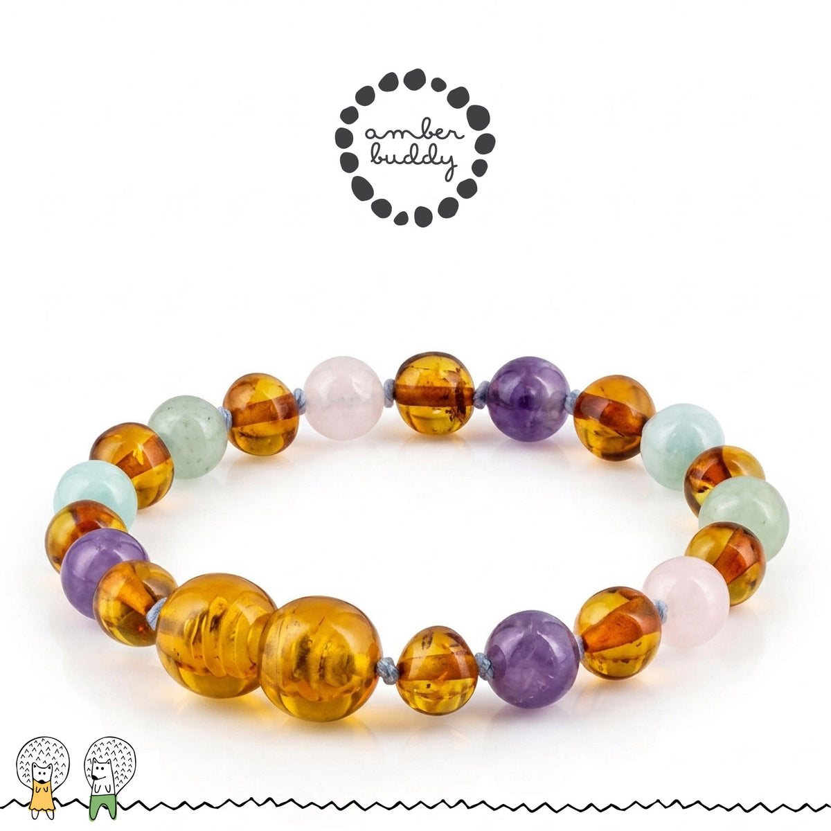 SET BAYI AMBER DENGAN ROSE QUARTZ, GREEN AVENTURINE, AMETHYST, SKY BLUE JADE. LE588