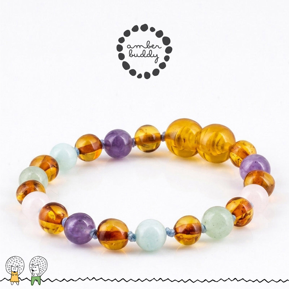 SET BAYI AMBER DENGAN ROSE QUARTZ, GREEN AVENTURINE, AMETHYST, SKY BLUE JADE. LE588