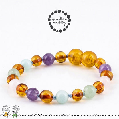 SET BAYI AMBER DENGAN ROSE QUARTZ, GREEN AVENTURINE, AMETHYST, SKY BLUE JADE. LE588