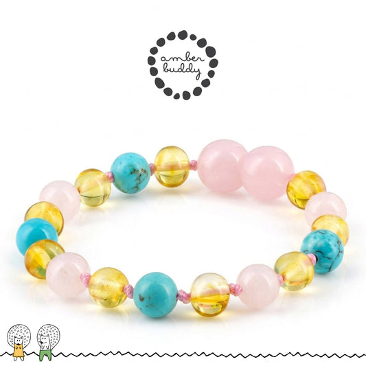 GELANG BAYI AMBER DENGAN ROSE QUARTZ, TURQUOISE. LE587