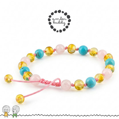 GELANG AMBER UNTUK DEWASA KOMBINASI ROSE QUARTZ, TURQUOISE. BLE274