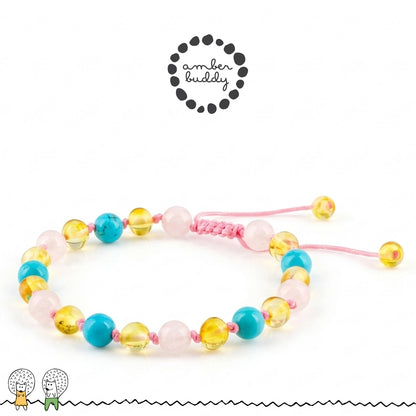 GELANG AMBER UNTUK DEWASA KOMBINASI ROSE QUARTZ, TURQUOISE. BLE274
