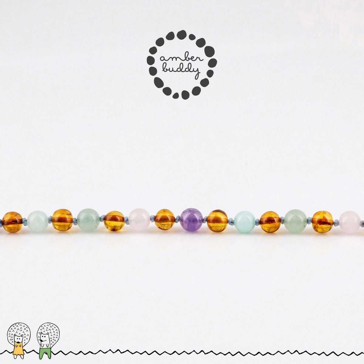 KALUNG BAYI AMBER DENGAN ROSE QUARTZ, GREEN AVENTURINE, AMETHYST, SKY BLUE JADE. LE588
