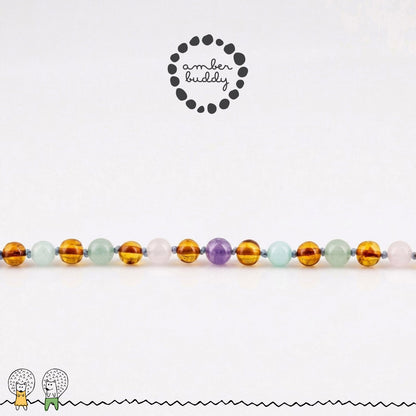 KALUNG BAYI AMBER DENGAN ROSE QUARTZ, GREEN AVENTURINE, AMETHYST, SKY BLUE JADE. LE588