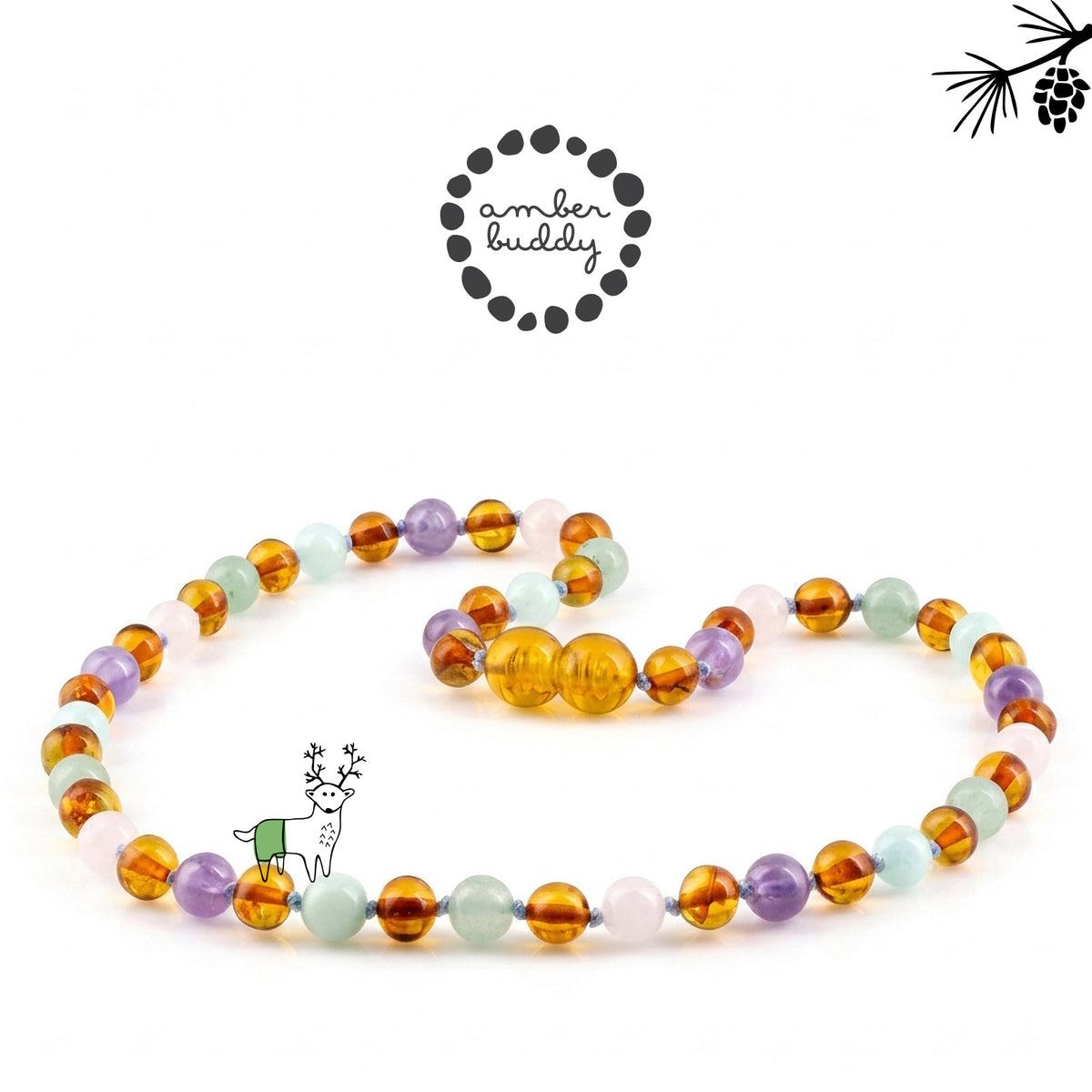 KALUNG AMBER JUNIOR DENGAN ROSE QUARTZ, GREEN AVENTURINE, AMETHYST, SKY BLUE JADE. JN129