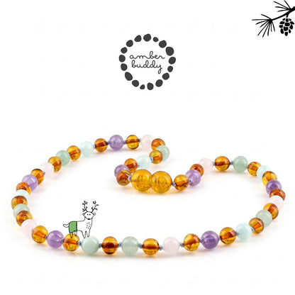 KALUNG AMBER JUNIOR DENGAN ROSE QUARTZ, GREEN AVENTURINE, AMETHYST, SKY BLUE JADE. JN129
