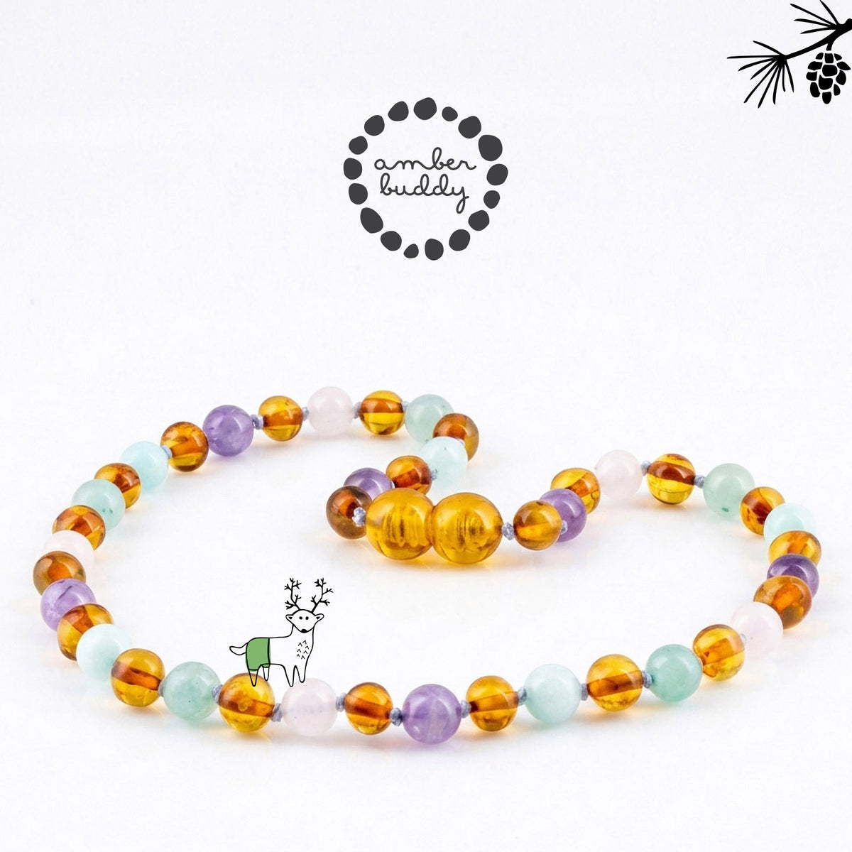 KALUNG BAYI AMBER DENGAN ROSE QUARTZ, GREEN AVENTURINE, AMETHYST, SKY BLUE JADE. LE588