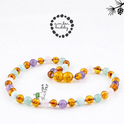 KALUNG BAYI AMBER DENGAN ROSE QUARTZ, GREEN AVENTURINE, AMETHYST, SKY BLUE JADE. LE588