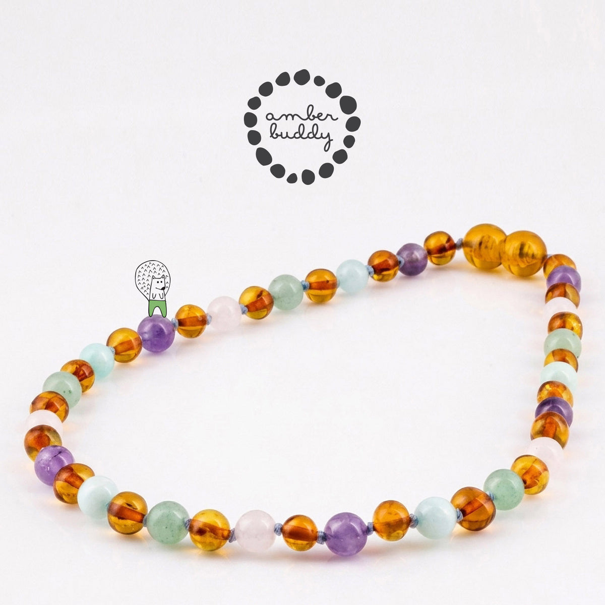 KALUNG BAYI AMBER DENGAN ROSE QUARTZ, GREEN AVENTURINE, AMETHYST, SKY BLUE JADE. LE588
