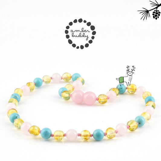 KALUNG BAYI AMBER DENGAN ROSE QUARTZ, TURQUOISE. LE587